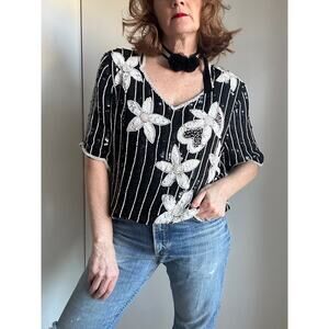 Vintage Womens Beaded Blouse Stenay Silk Black and White Floral Size XL Formals